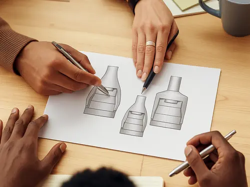 Green-Life aroma diffuser manufacturer team reviewing 3D fan diffuser design concepts with a Canadian client during product development meeting for OEM customization.