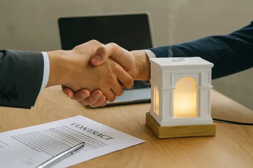 Business meeting at Green-Life office discussing a new aroma diffuser project with product samples and sketches on the desk.