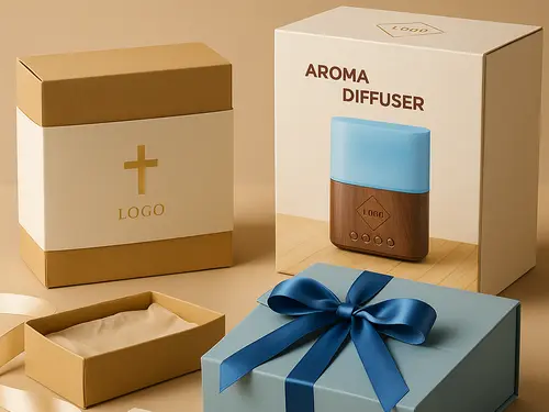 Custom packaging design for aroma wares including ribbon gift boxes, kraft slide boxes, and retail color boxes by Green-Life