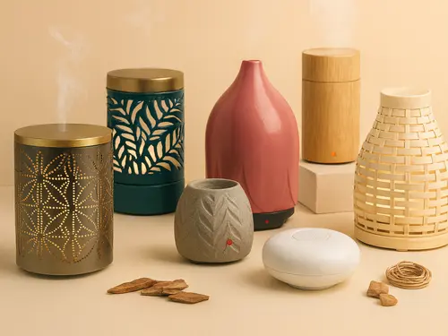 Aroma diffuser and warmers material customization — ceramic, glass, bamboo, metal, resin, and rattan finishes made by Green-Life