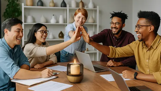Green-Life design team and US customers celebrating aroma diffuser project success in meeting room, showcasing collaboration between Chinese and international designers — professional OEM & ODM aroma wares manufacturer in China.