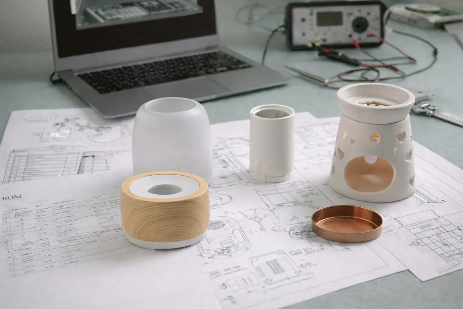 OEM and ODM aroma diffuser and wax warmer components including base, cover and inner housing displayed on engineering drawings, demonstrating Green-Life custom product development capability.