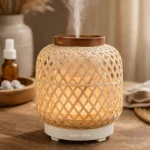 Green-Life woven style bamboo ultrasonic diffuser featuring handcrafted bamboo weave design, combining natural texture with ultrasonic aroma diffusion for decorative fragrance brands and private label collections.