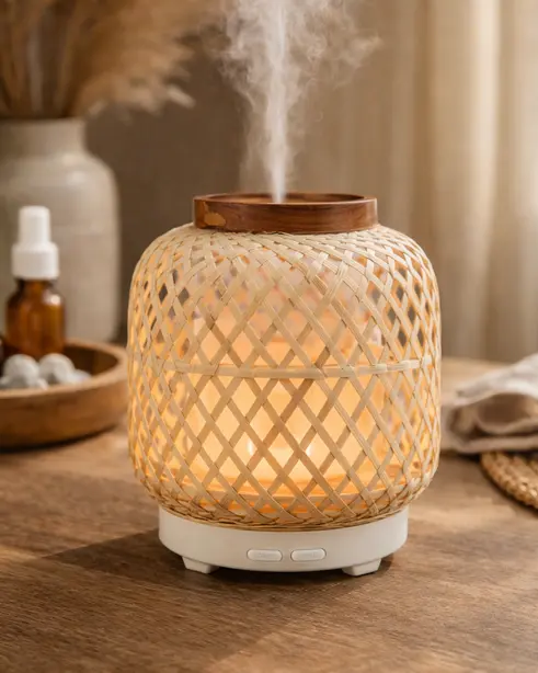 Green-Life woven style bamboo ultrasonic diffuser featuring handcrafted bamboo weave design, combining natural texture with ultrasonic aroma diffusion for decorative fragrance brands and private label collections.