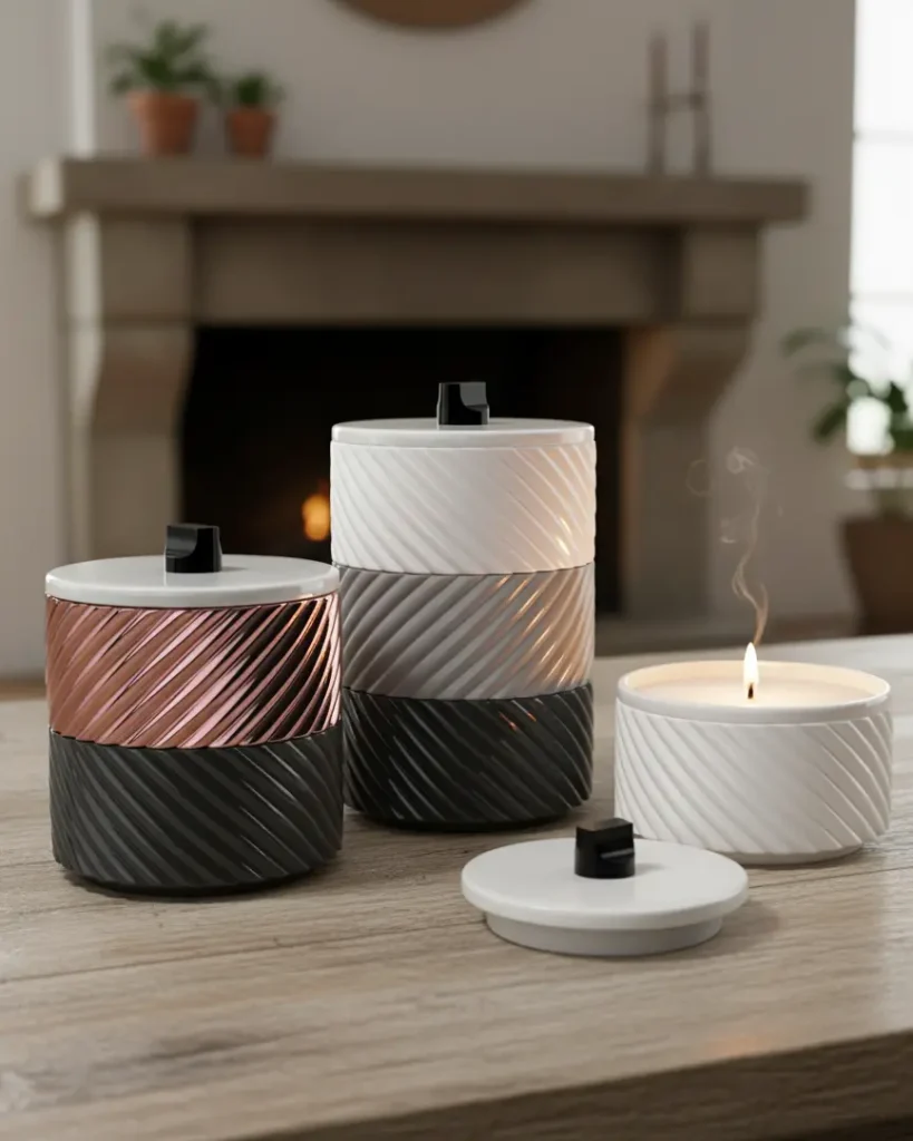 Green-Life ceramic candle jar with stackable design, enabling modular scent combinations and flexible product concepts for OEM and private label fragrance brands.