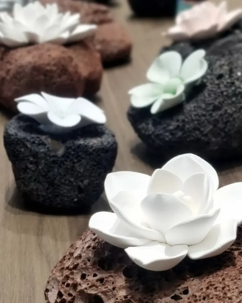 Ceramic Flower Diffuser 01 Volcanic Base Green-Life Green-Life volcanic passive diffuser with handcrafted ceramic flower and porous lava stone base, designed for natural fragrance diffusion in home, desktop, car, and vehicle scent programs.