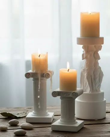 Green-Life polyresin candle stick holder with Roman architecture design, developed for premium decorative candle collections and heritage-inspired brand positioning.