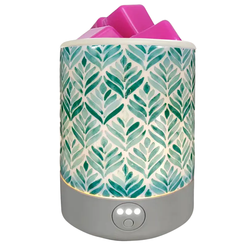 Green-Life ceramic wax melter lamp GF24EB1289E with decal decoration using LED and PTC heating system, suitable for US and EU markets with safe and compliant wax melting solutions.