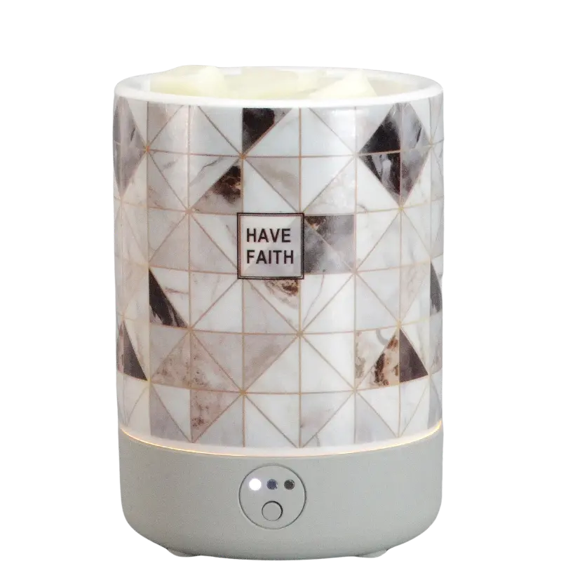 Green-Life ceramic wax melter lamp GF24EP397E13 with decal decoration using LED and PTC heating system, suitable for US and EU markets with safe and compliant wax melting solutions.