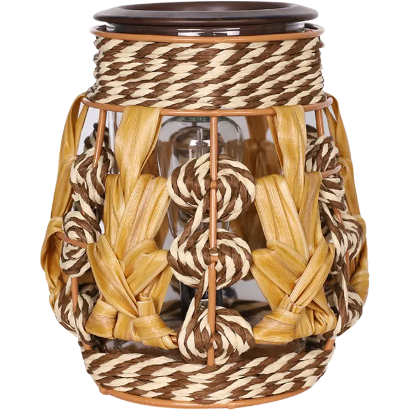 Green-Life glass wax melter lamp GF24EB1009E14 with woven style outer structure, combining natural texture with wax melting for lifestyle fragrance collections.