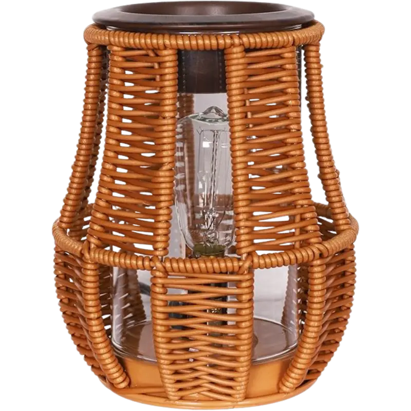 Green-Life glass wax melter lamp GF24EB1010E14 with woven style outer structure, combining natural texture with wax melting for lifestyle fragrance collections.