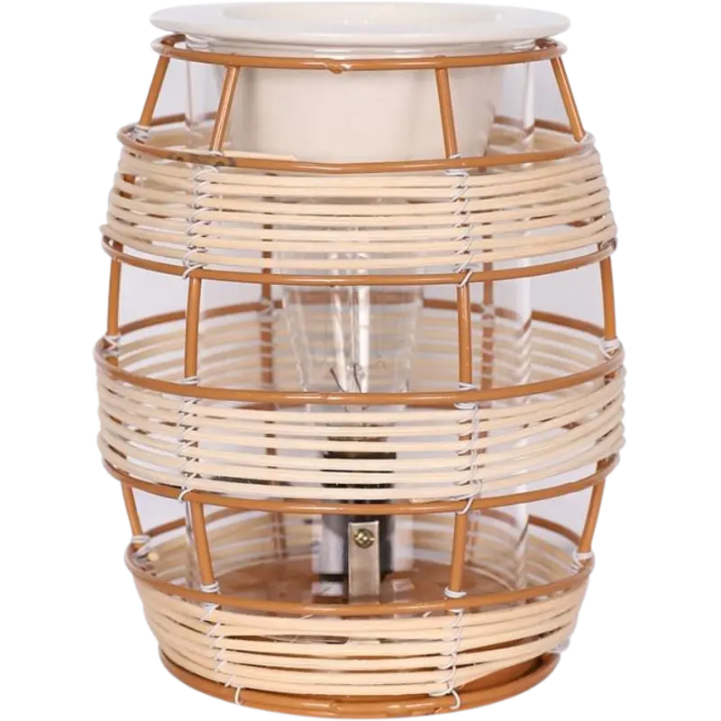 Green-Life glass wax melter lamp GF24EB1012E14 with woven style outer structure, combining natural texture with wax melting for lifestyle fragrance collections.