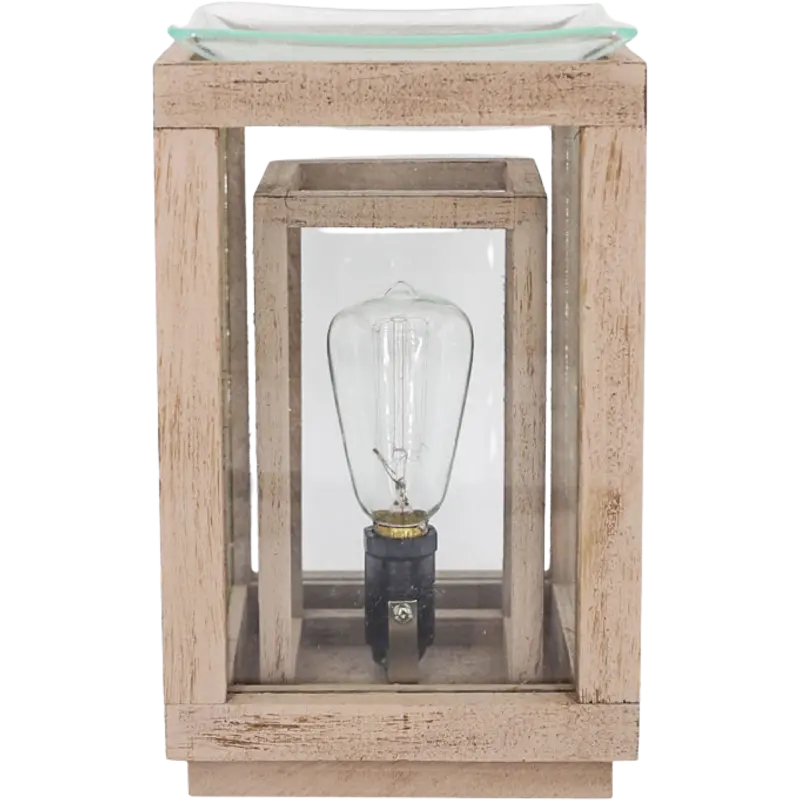 Green-Life glass wax melter lamp GF24EB1013E14 with wood frame structure, designed for stable support and warm natural style fragrance product lines.