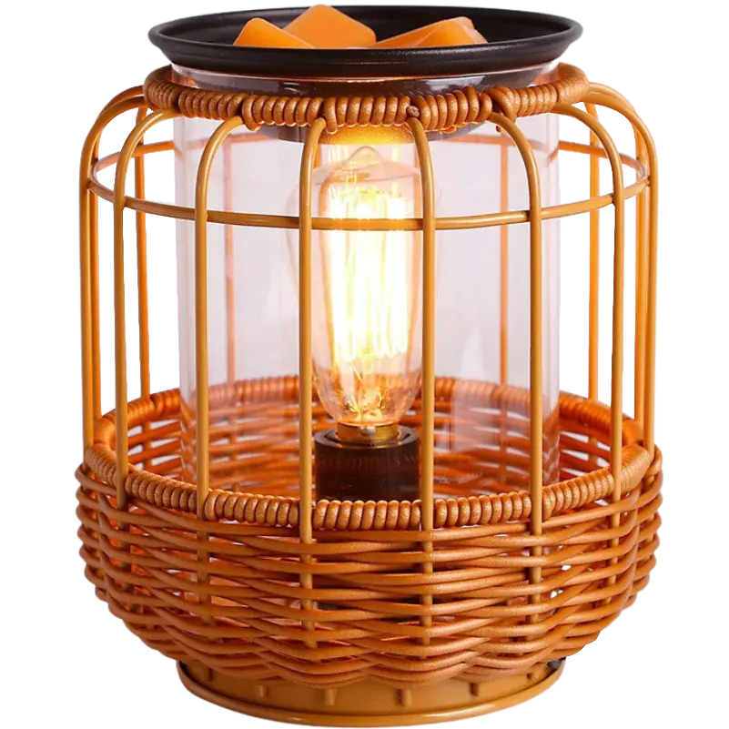 Green-Life glass wax melter lamp GF24EB1014E39 with woven style outer structure, combining natural texture with wax melting for lifestyle fragrance collections.