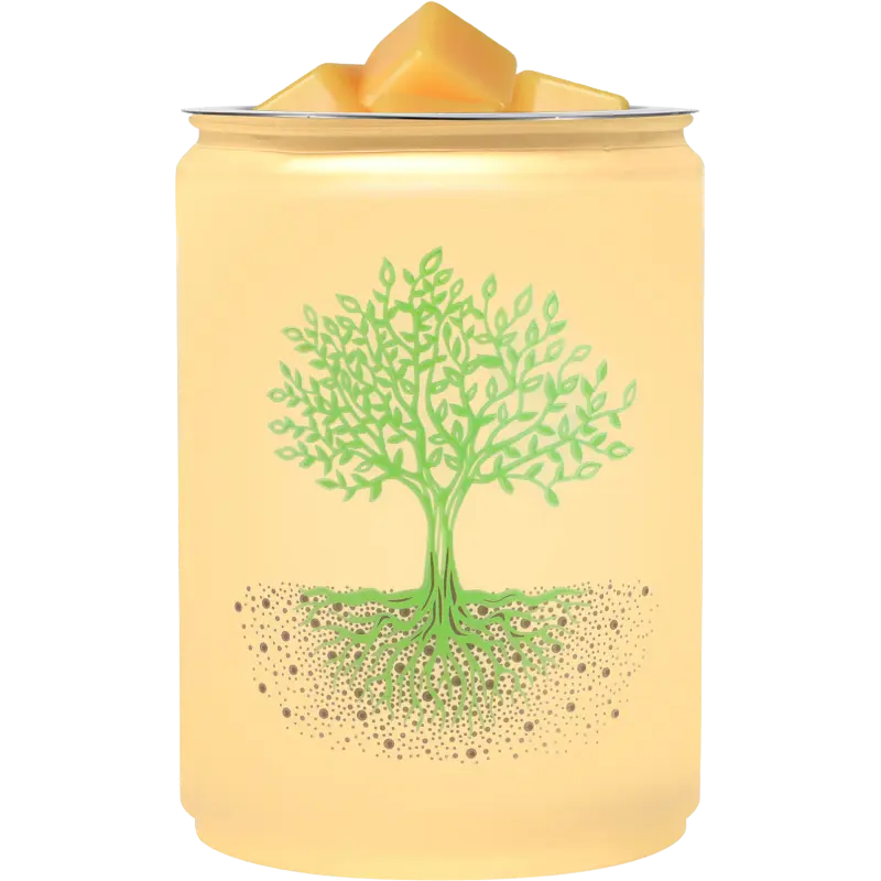 Green-Life glass wax melter lamp GF24EB1036E39 with decal decoration using halogen bulb heating, designed for strong wax melt performance and decorative fragrance collections in US retail markets..