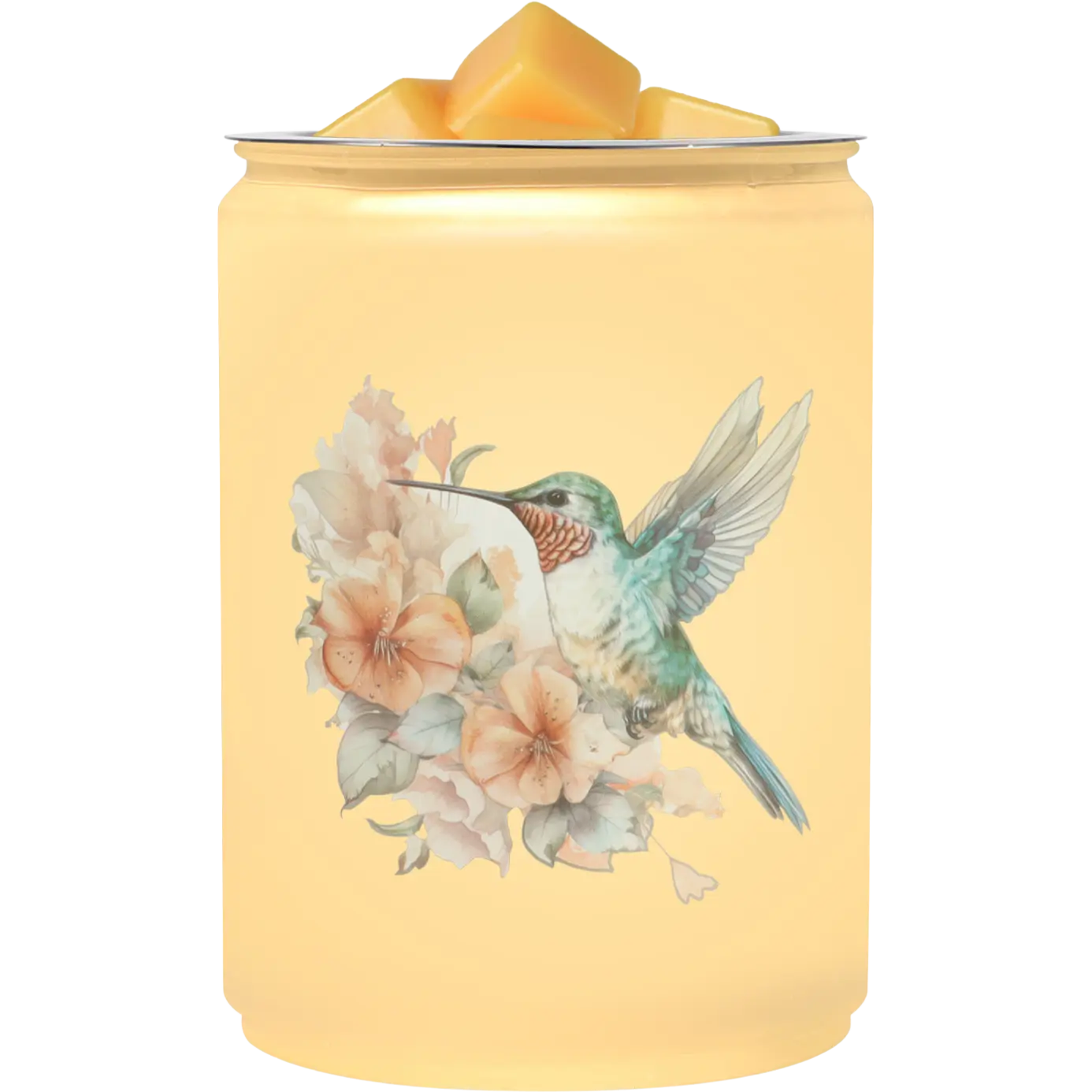 Green-Life glass wax melter lamp GF24EB1037E39 with decal decoration using halogen bulb heating, designed for strong wax melt performance and decorative fragrance collections in US retail markets.