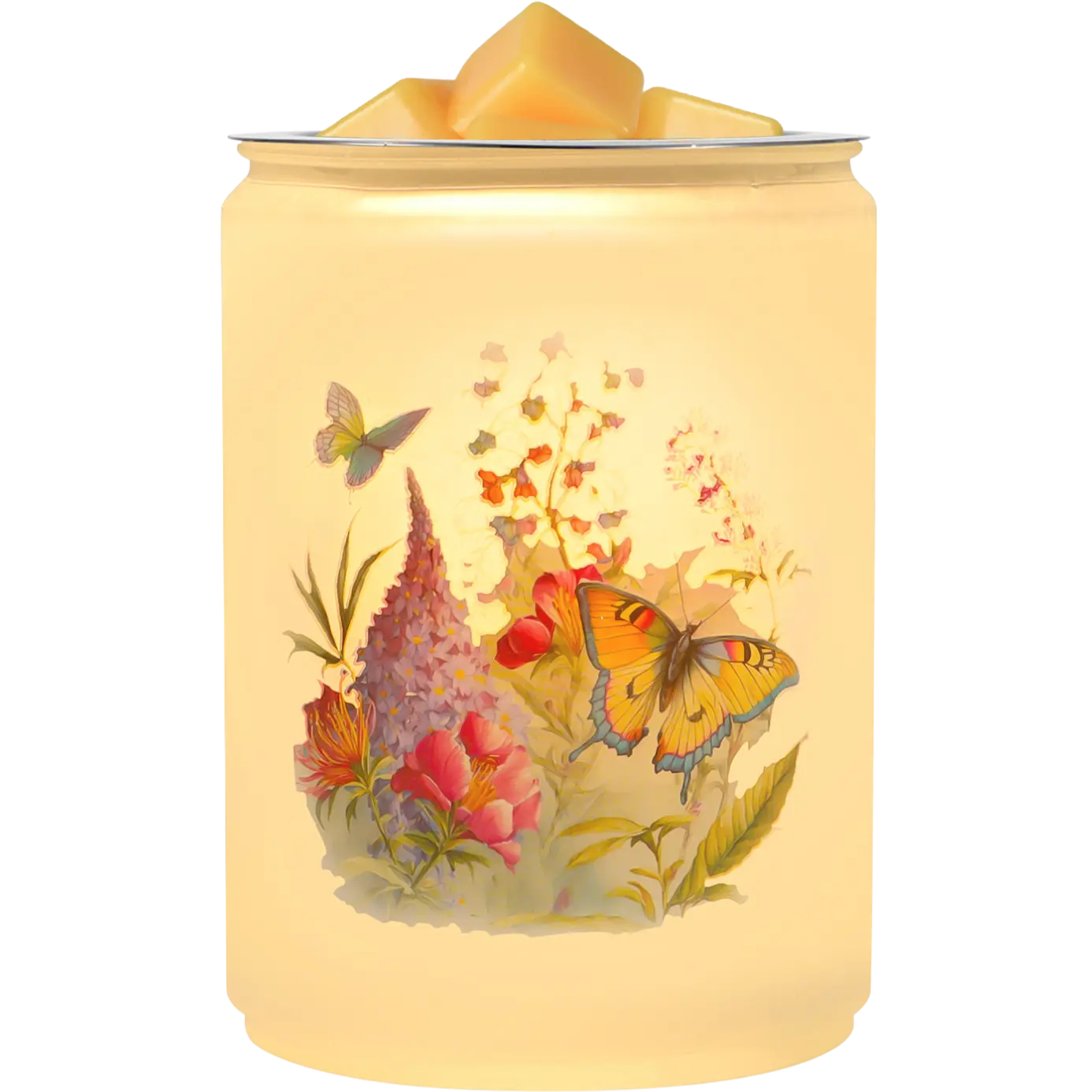 Green-Life glass wax melter lamp GF24EB1039E39 with decal decoration using halogen bulb heating, designed for strong wax melt performance and decorative fragrance collections in US retail markets.