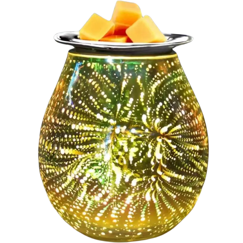 Green-Life glass wax melter lamp GF24EB1359E13 with 3D engraving effect, combining visual lighting patterns with wax melting for decorative fragrance programs.