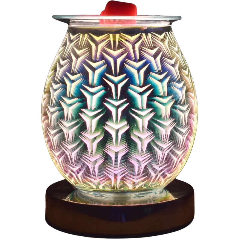 Green-Life glass wax melter lamp GF24EB1372E13 with 3D engraving effect, combining visual lighting patterns with wax melting for decorative fragrance programs.