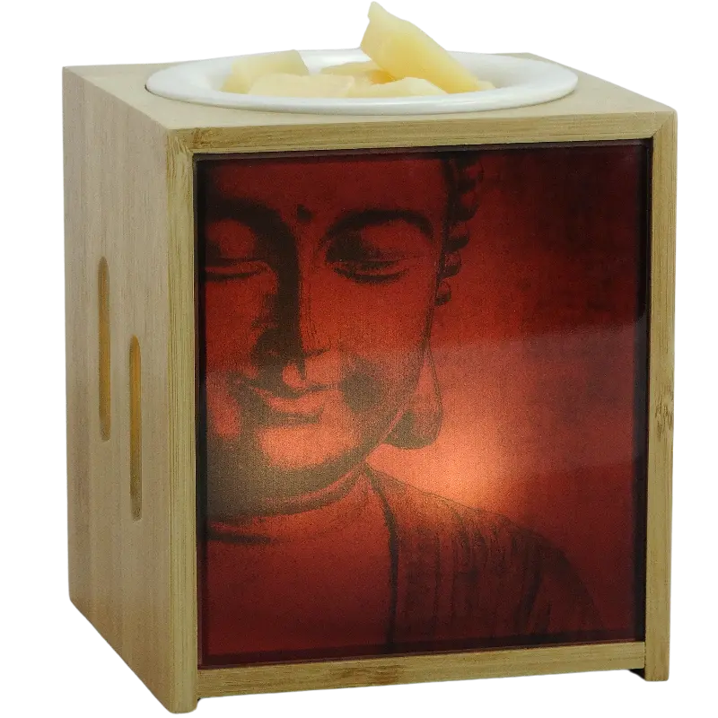 Green-Life glass wax melter lamp GL24EA267 with bamboo frame, combining eco-friendly material with wax melting for lifestyle fragrance collections.