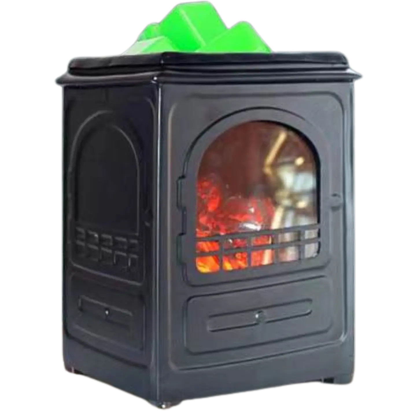 Green-Life metal wax melter lamp GF24EB1265E13 with realistic fireplace design, featuring LED flame effect combined with heating module for visual flame ambiance and wax melting, suitable for decorative fragrance collections and retail programs.