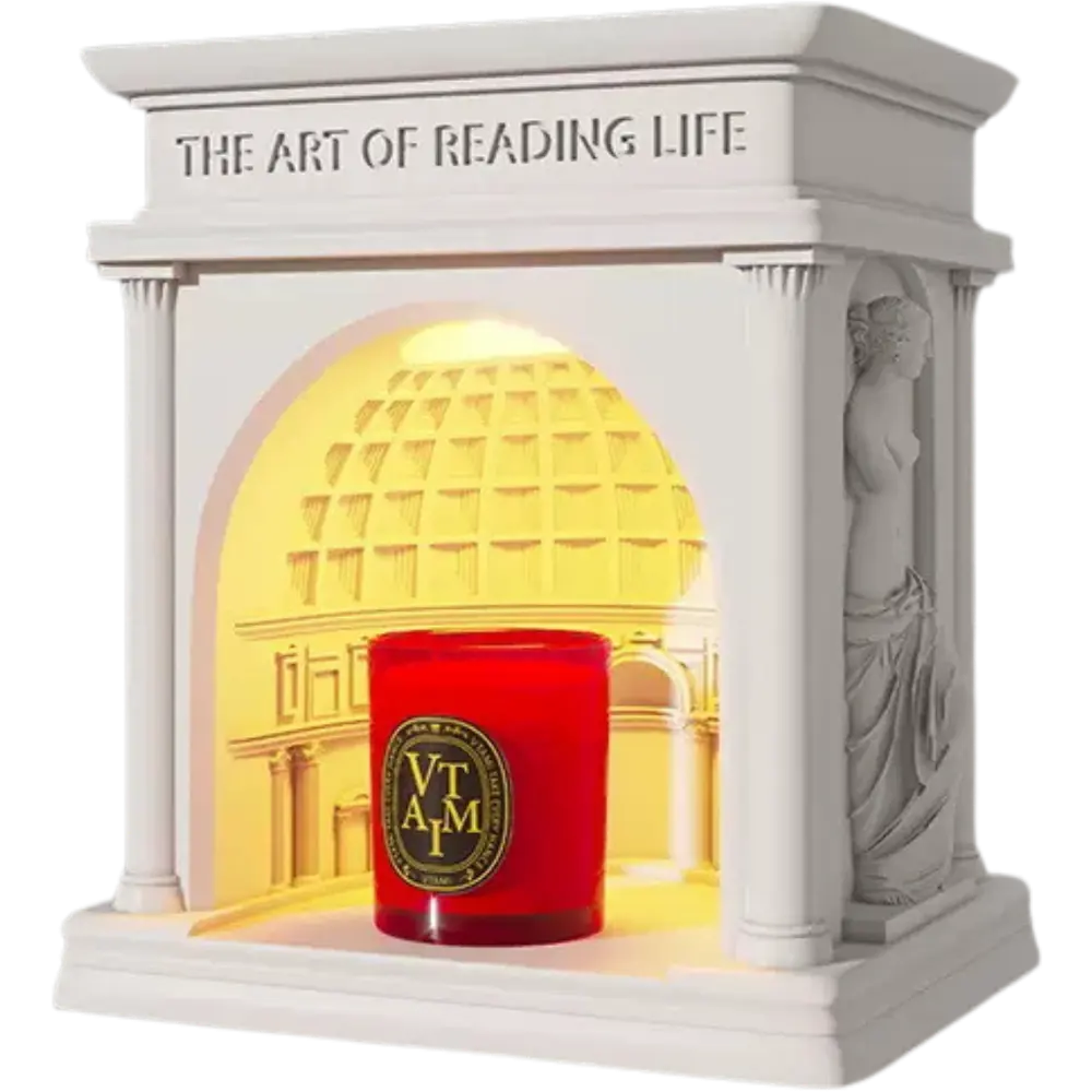 Green-Life plaster candle warmer lamp GFCW32E25 inspired by Roman architecture, combining sculptural design with candle warming for artistic fragrance collections.