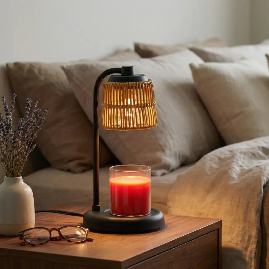 Green-Life rattan candle warmer lamp GF003E14 with woven style shade, combining natural texture with candle warming for lifestyle fragrance collections.