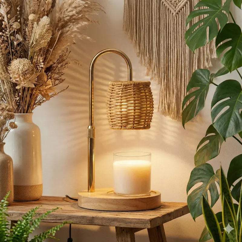 Green-Life rattan candle warmer lamp GF018E14 with woven style shade, combining natural texture with candle warming for lifestyle fragrance collections.