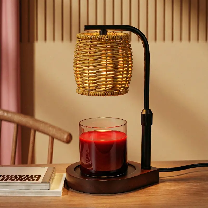 Green-Life rattan candle warmer lamp GF020E14 with woven style shade, combining natural texture with candle warming for lifestyle fragrance collections.