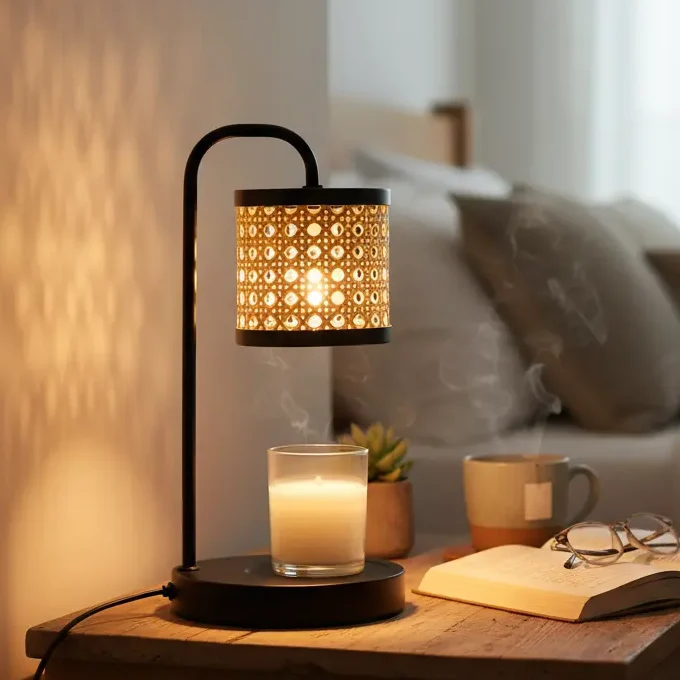 Green-Life rattan candle warmer lamp GFCL015TL with woven style shade, combining natural texture with candle warming for lifestyle fragrance collections.