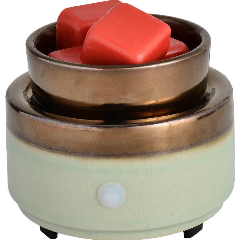 Green-Life ceramic tart warmer GF24ET1117E39 with kiln change glaze, featuring unique reactive finish for differentiated fragrance collections and artistic product lines.