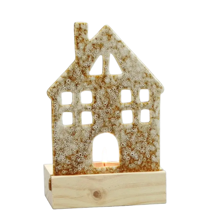 Green-Life ceramic tealight holder GF23F583210C11 with wood base, offering warm material contrast for lifestyle and natural candle collections.
