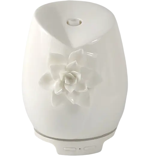 Green-Life ceramic ultrasonic diffuser D-GLEA20408 with handmade flower detailing, designed for fragrance brands and giftware importers seeking decorative private label aroma diffuser collections.