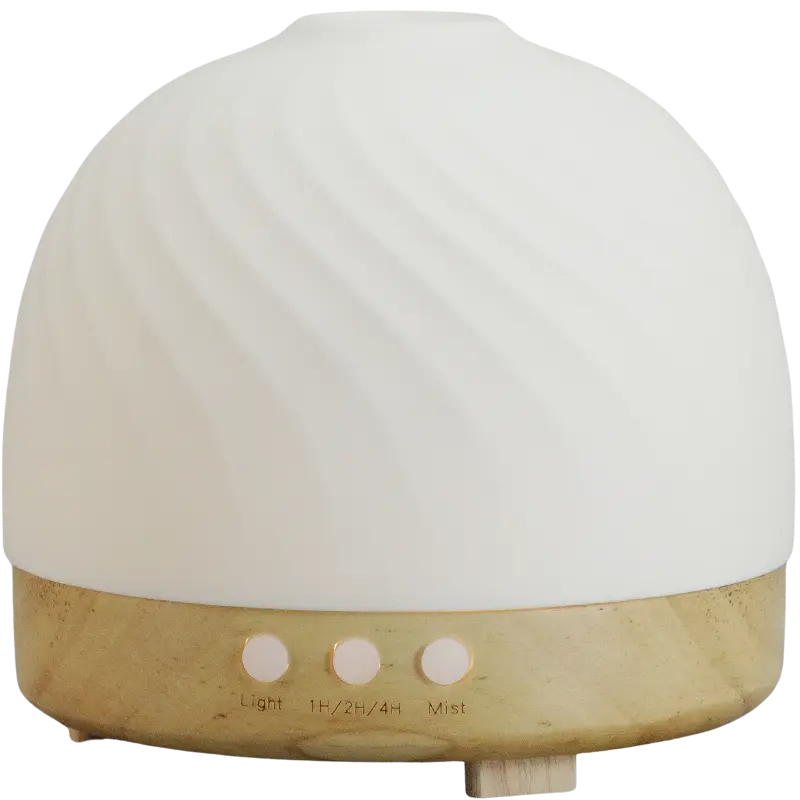 Green-Life ceramic ultrasonic diffuser GF24EA0901E41 with wooden base in a simple modern style, suitable for minimalist home fragrance brands, OEM diffuser programs, and contemporary retail collections.