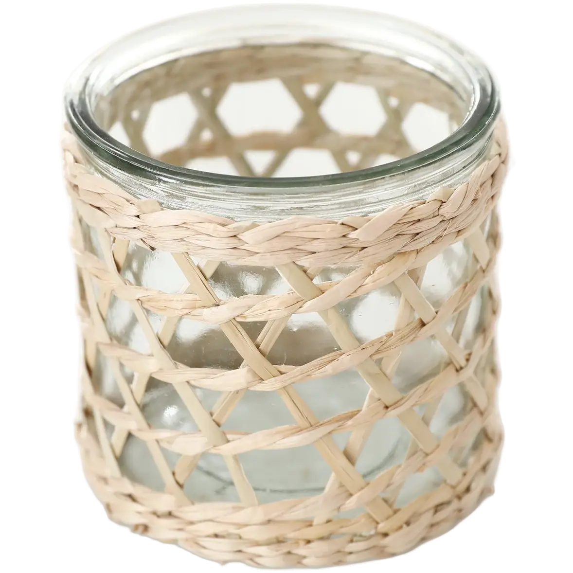 Green-Life glass candle jar GF25CJ025 with woven style outer layer, combining transparency with natural texture for lifestyle fragrance collections.