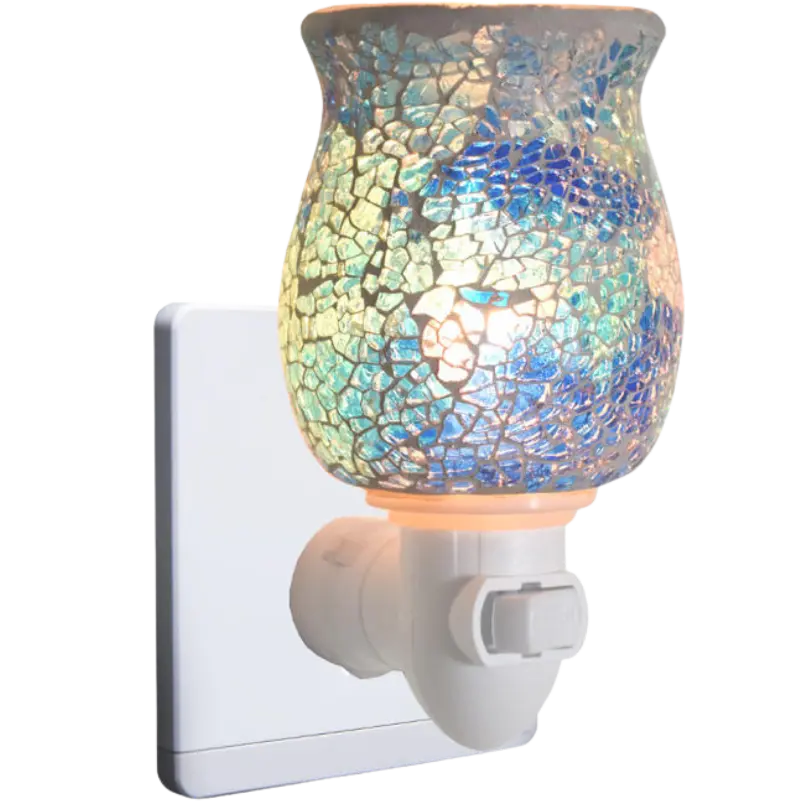 Green-Life mosaic glass plug-in wax warmer GF24EP1444E13 combining decorative lighting and wax melting, suitable for fragrance gift markets and night light retail programs.