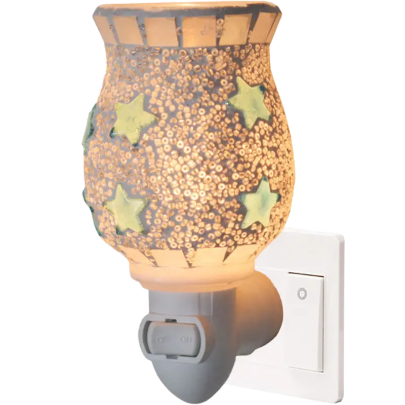 Green-Life mosaic glass plug-in wax warmer GF24EP1453E13 combining decorative lighting and wax melting, suitable for fragrance gift markets and night light retail programs.