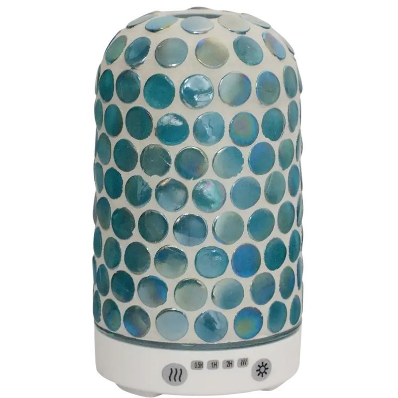 Green-Life mosaic glass ultrasonic diffuser GEA180902 creating colorful ambient lighting effects, designed for decorative home fragrance collections and retail diffuser brands.