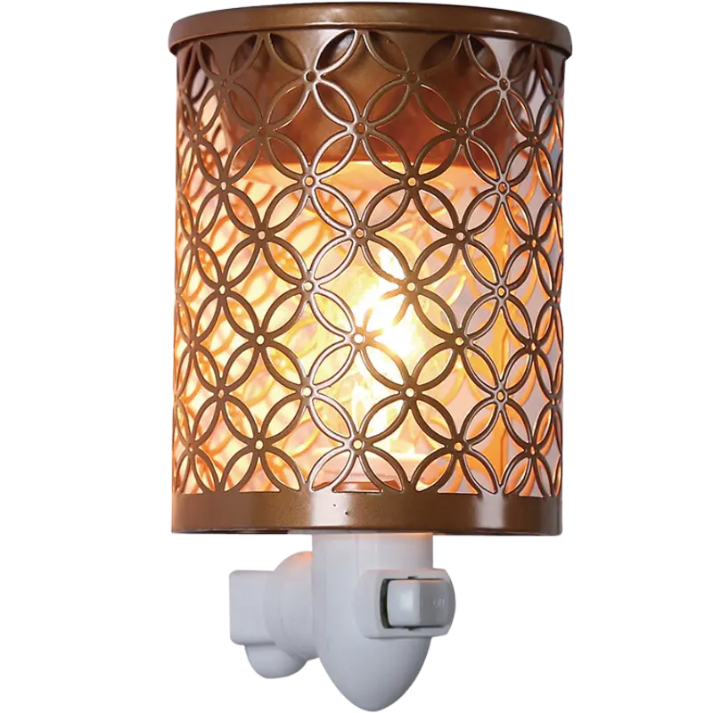 Green-Life metal plug-in wax warmer GF24EP1180E14 with cutout pattern, creating ambient light projection while melting wax for decorative fragrance collections.