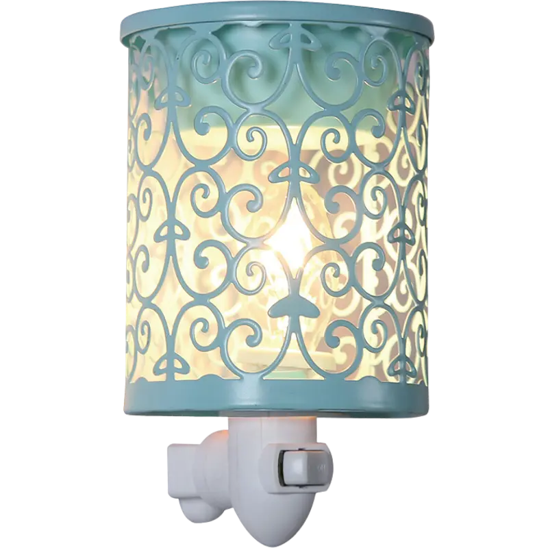 Green-Life metal plug-in wax warmer GF24EP1182E14 with cutout pattern, creating ambient light projection while melting wax for decorative fragrance collections.