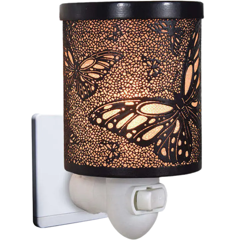 Green-Life metal plug-in wax warmer GF24EP1416E13 with cutout pattern, creating ambient light projection while melting wax for decorative fragrance collections.