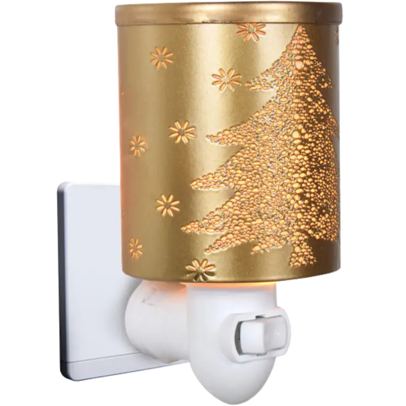Green-Life metal plug-in wax warmer GF24EP1418E13 with cutout pattern, creating ambient light projection while melting wax for decorative fragrance collections.