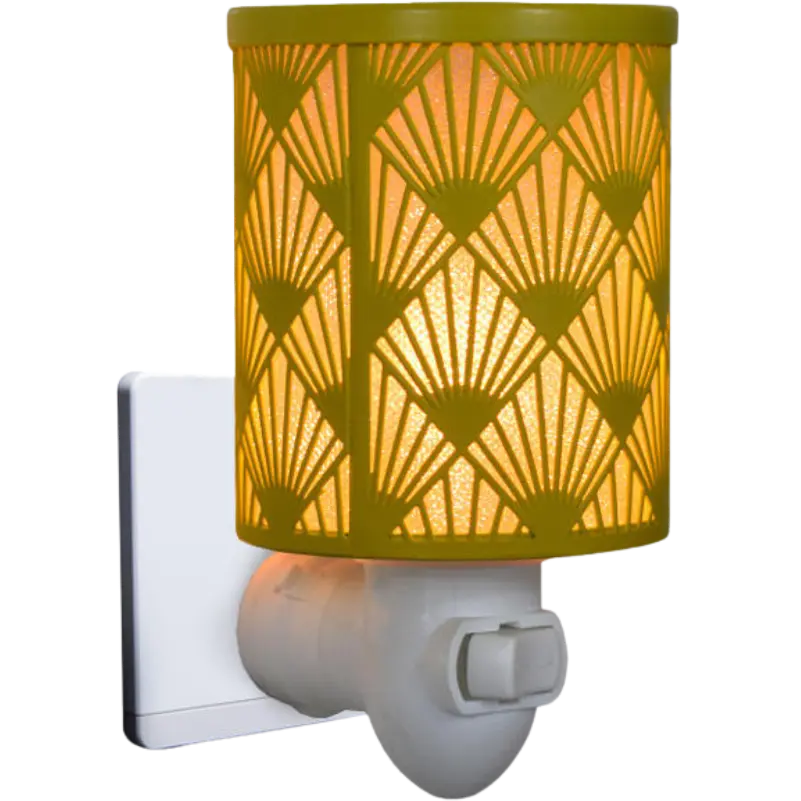 Green-Life metal plug-in wax warmer GF24EP1423E13 with cutout pattern, creating ambient light projection while melting wax for decorative fragrance collections.