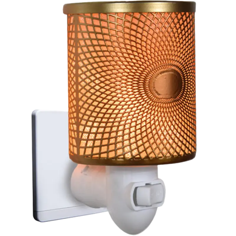 Green-Life metal plug-in wax warmer GF24EP1435E13 with cutout pattern, creating ambient light projection while melting wax for decorative fragrance collections.