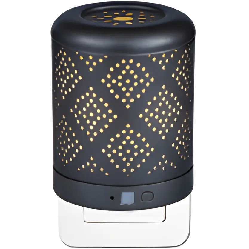 Green-Life metal ultrasonic diffuser GF24EA924E43 with wall plug design and decorative cutout metal cover, delivering compact aroma diffusion with ambient lighting for fragrance brands and private label collections.