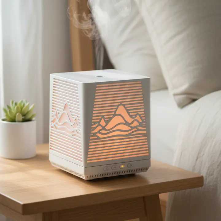 Green-Life metal ultrasonic diffuser GF25EA943 with simple modern cutout design, combining geometric metal craftsmanship with ultrasonic aroma diffusion for contemporary home fragrance brands and private label collections.