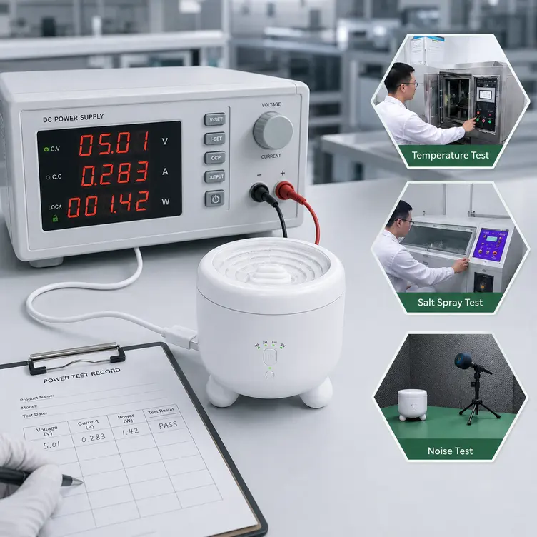 Green-Life conducts power testing, temperature testing, salt spray testing and noise verification for OEM ODM electric aroma wares manufacturing projects.