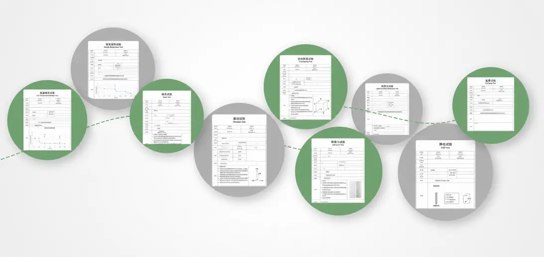 Green-Life reliability testing records covering vibration, drop, ESD, salt spray and environmental performance verification for electrical aroma wares manufacturing.
