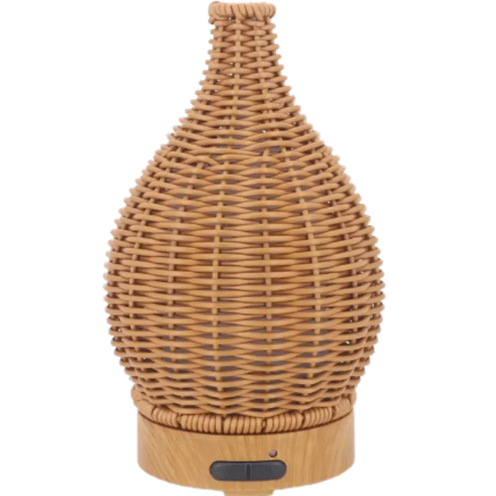 Green-Life plastic ultrasonic diffuser GF24EA048E14 with rattan style texture, combining natural woven appearance with ultrasonic aroma diffusion technology.