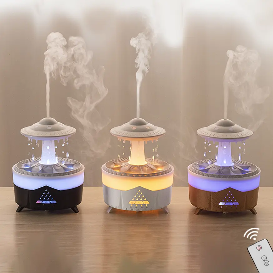 Green-Life plastic ultrasonic diffuser GF25EAV56E46 with raindrop visual effect, featuring cascading water droplets and mist diffusion for unique decorative aromatherapy experiences.